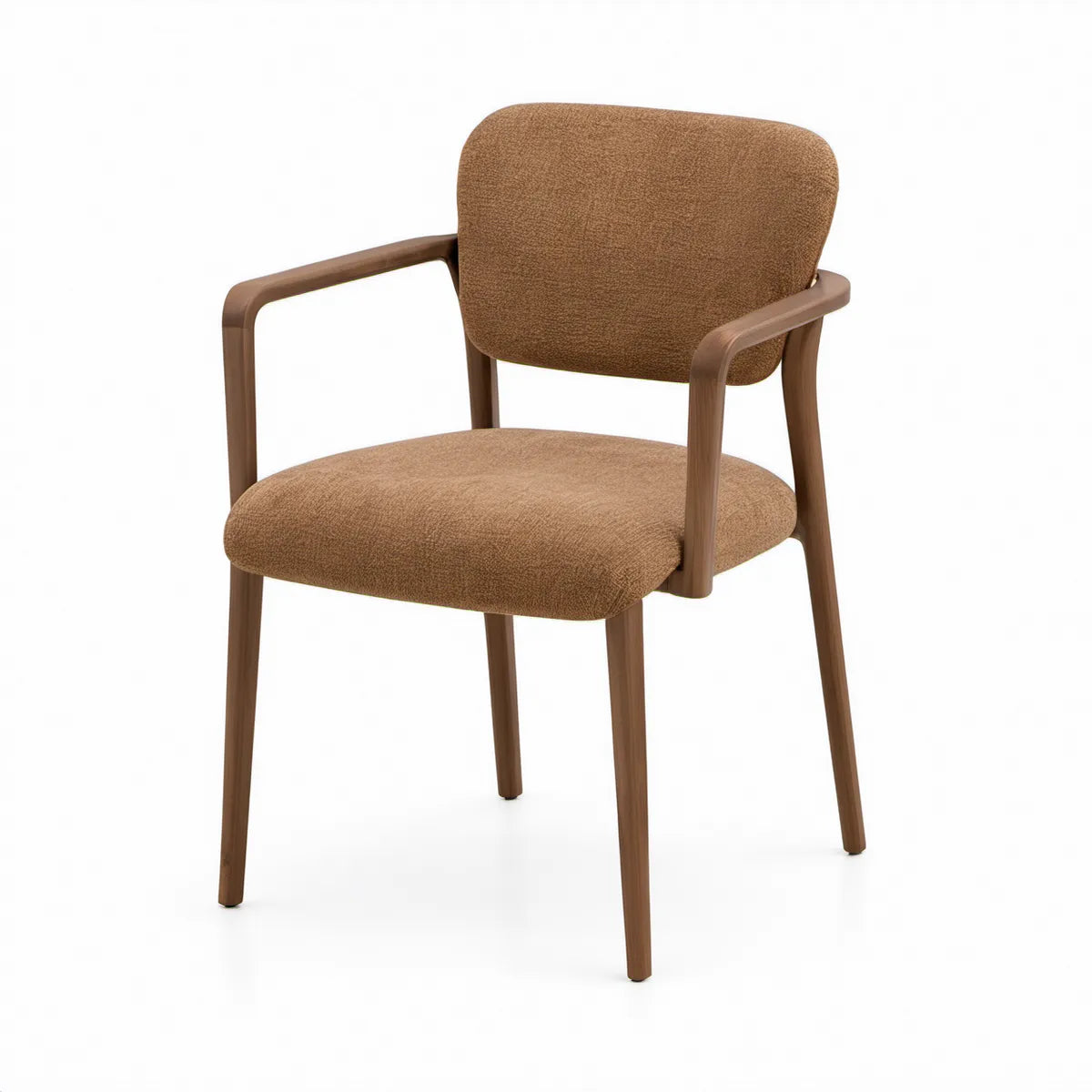 Hnědá židle s područkami 56 × 58 × 78 cm, bouclé polyester a masivní kaučukovníkové dřevo